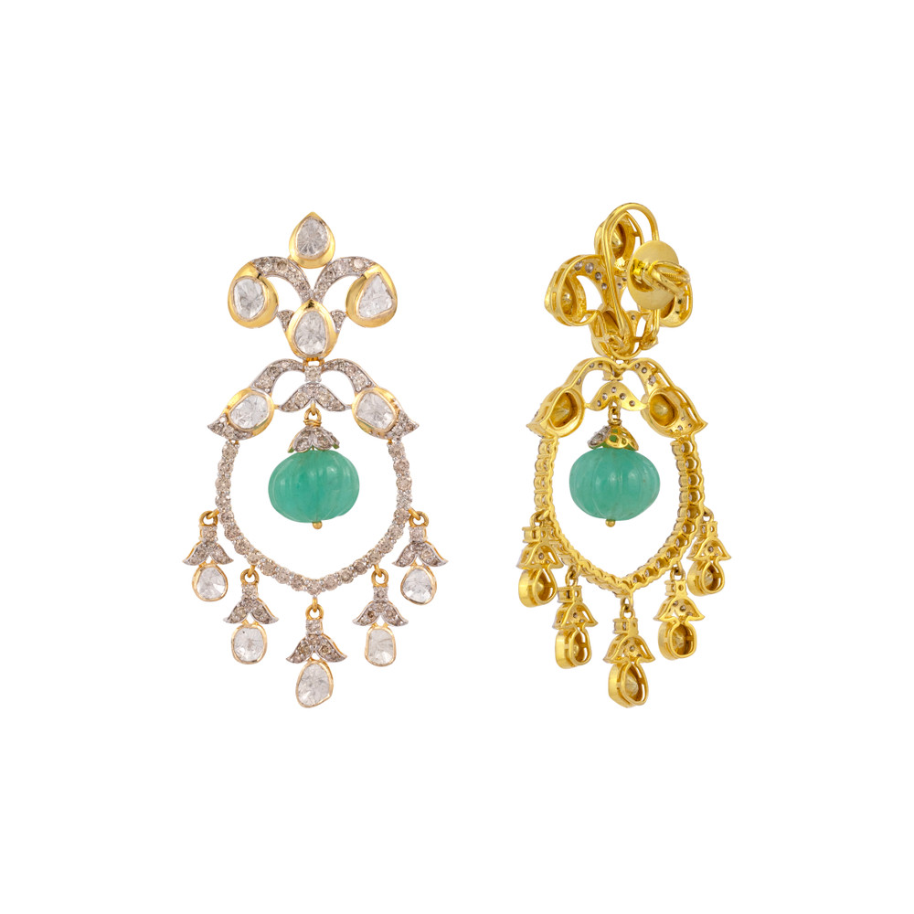 Polki Earring with Carved Emerald Melon Drop